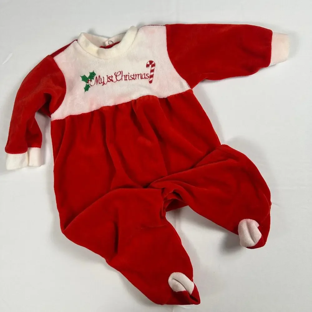Vintage 1980s Mothercare My 1st Christmas Holiday Jumpsuit Sz L 6-12 mo (READ)